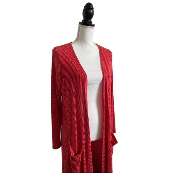 LuLaRoe Sarah Duster Style Full Length Cardigan Red White Micro Stripe Medium - Picture 2 of 5